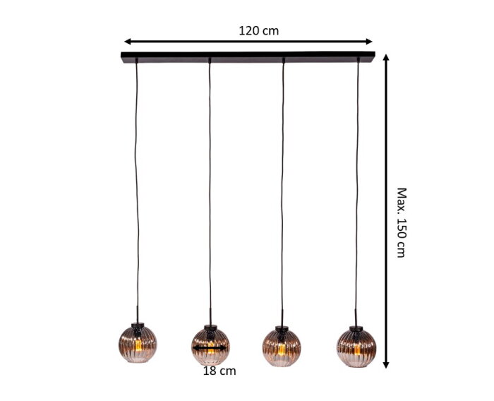 Hanglamp, 4-lichts, H340 smoke glas